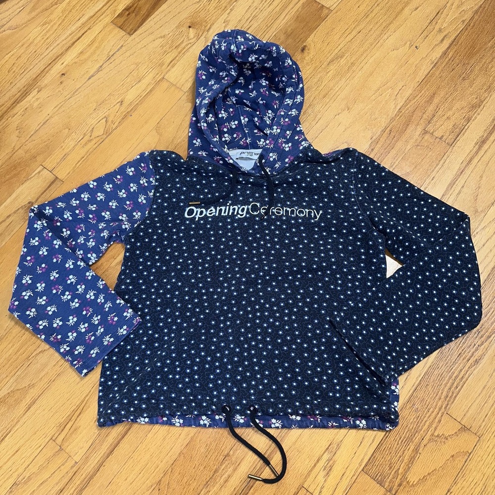 Opening Ceremony Hoodie‎ M Sweatshirt Blue Floral Patchwork Pullover Drawstring